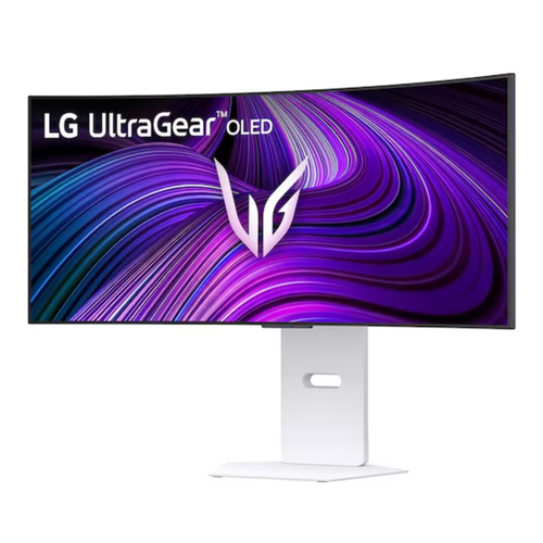 LG UltraGear OLED 34-inch monitor on white stand, wide curved-style purple screen