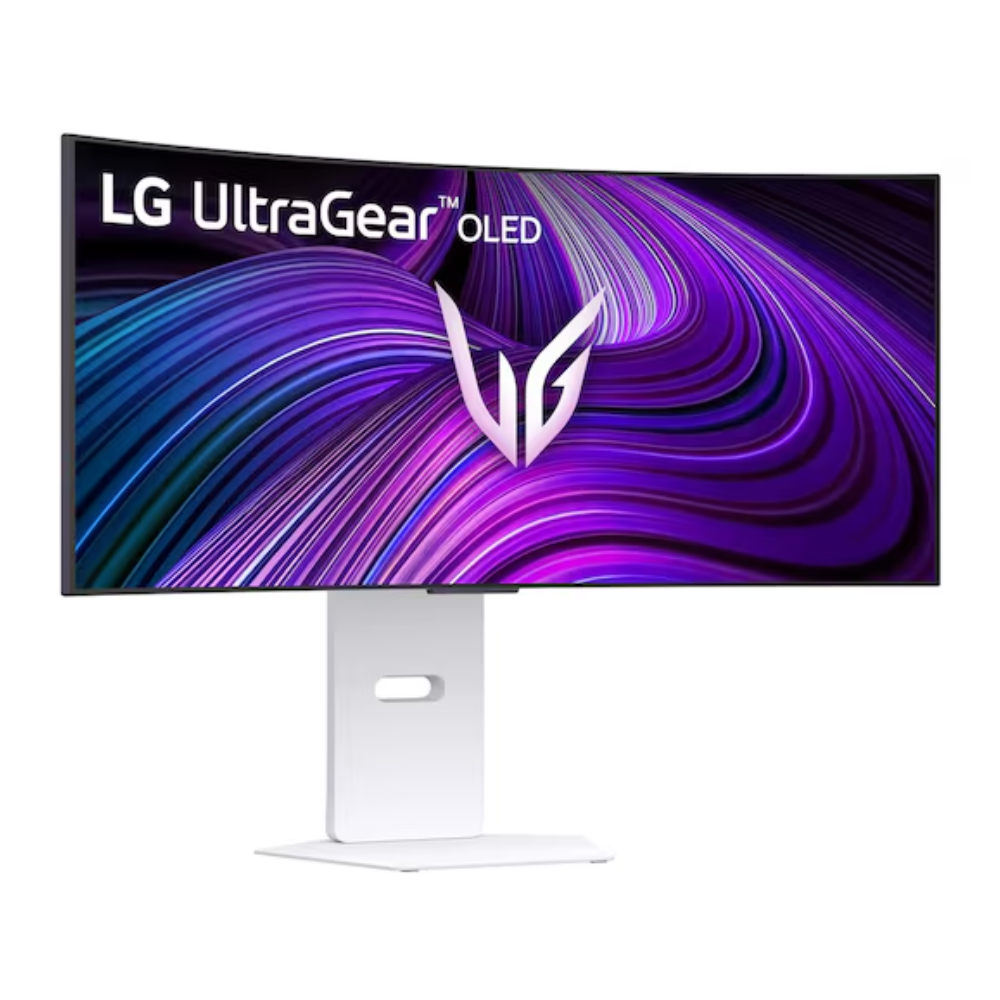 LG UltraGear OLED 34-inch gaming monitor with white base, vivid purple-blue display