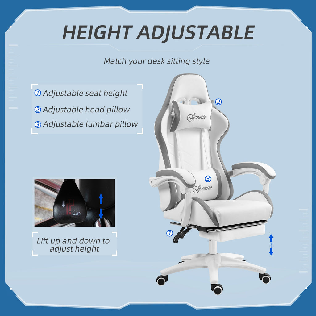White and grey gaming chair on swivel base with tall back and padded headrest