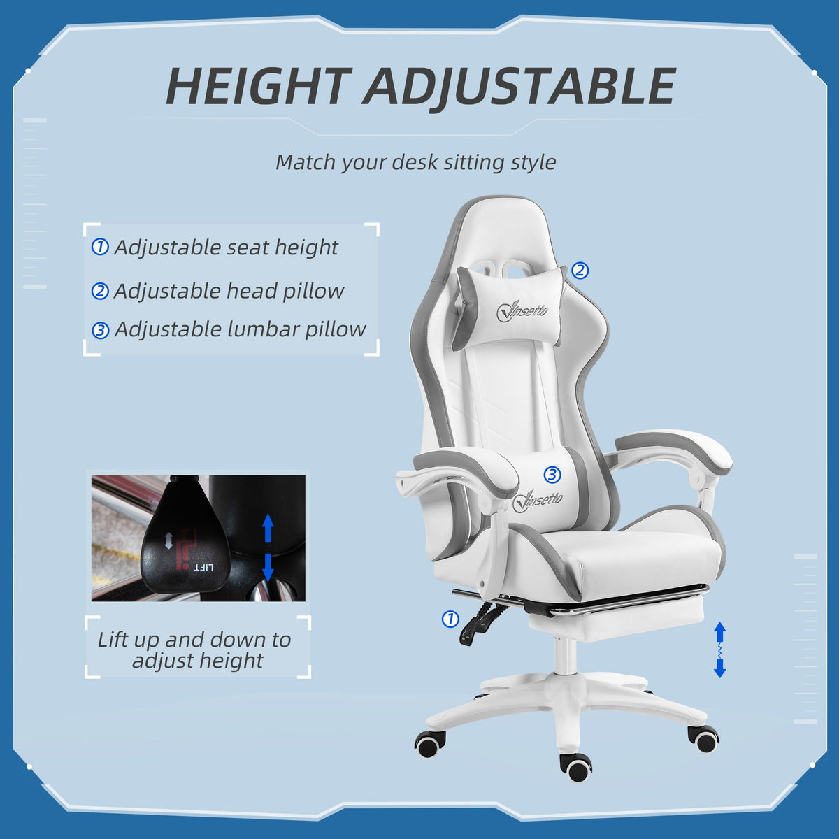 White and grey gaming chair on swivel base with tall back and padded headrest