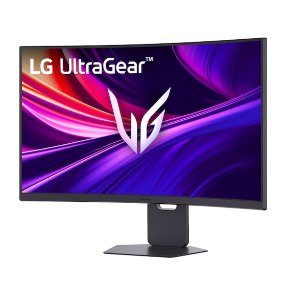 37-inch LG UltraGear gaming monitor with purple screen graphics and pedestal stand