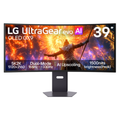 LG UltraGear OLED gaming monitor, black frame with stand and screen graphic.