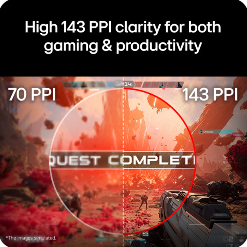 LG UltraGear gaming monitor screen showing PPI clarity comparison, 70 PPI vs 143 PPI.