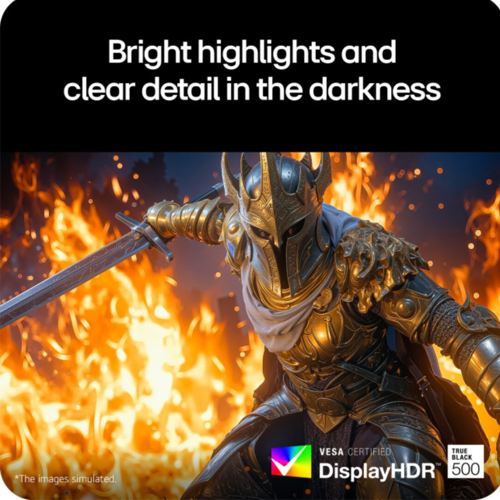 LG UltraGear gaming monitor screen with bright highlights in dark scenes and DisplayHDR badge.