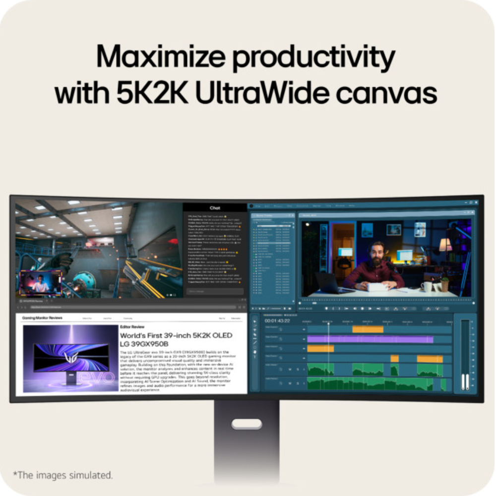 LG UltraGear gaming monitor with 5K2K ultrawide canvas layout on screen for productivity.
