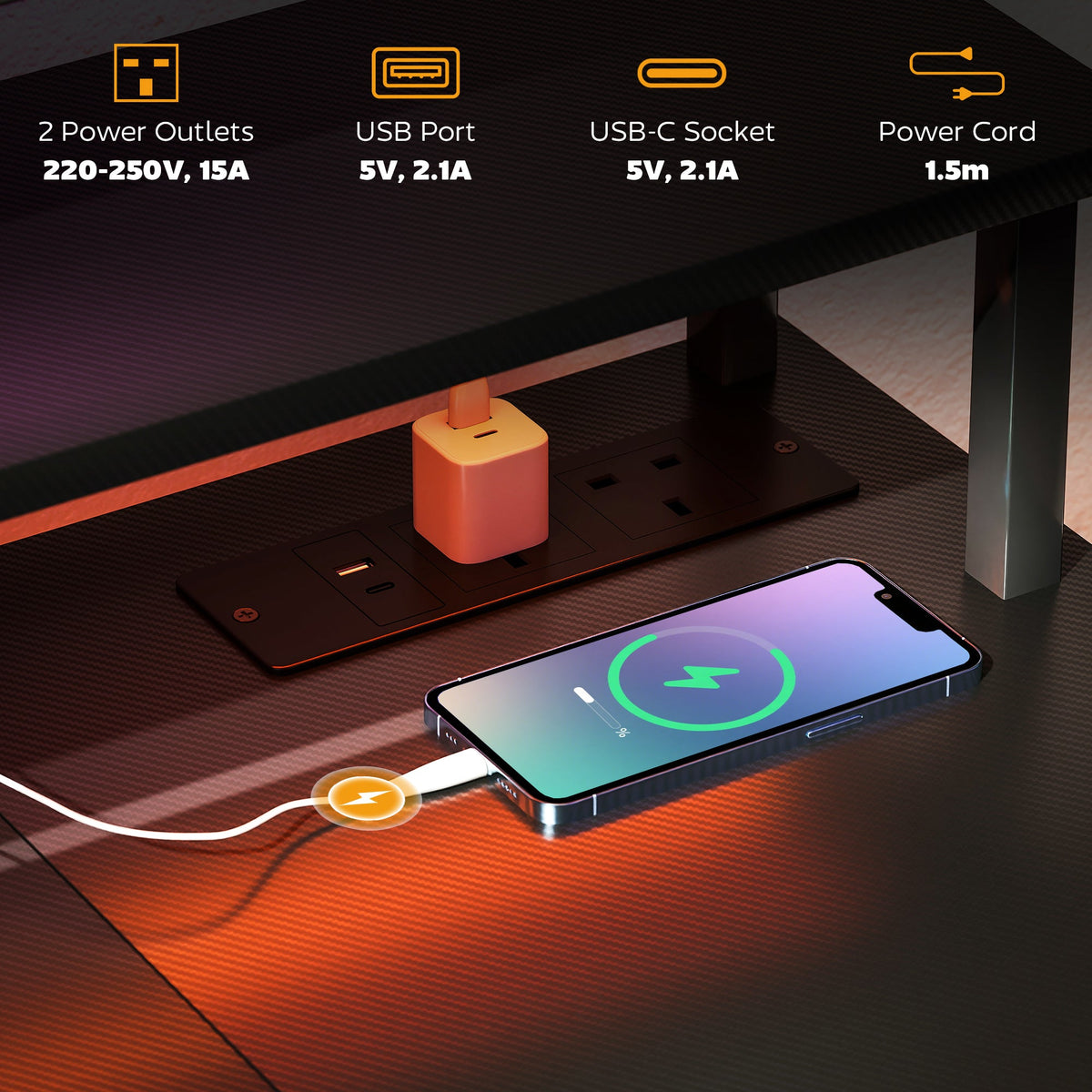 Under-desk power panel with USB ports and power outlets on grey desk
