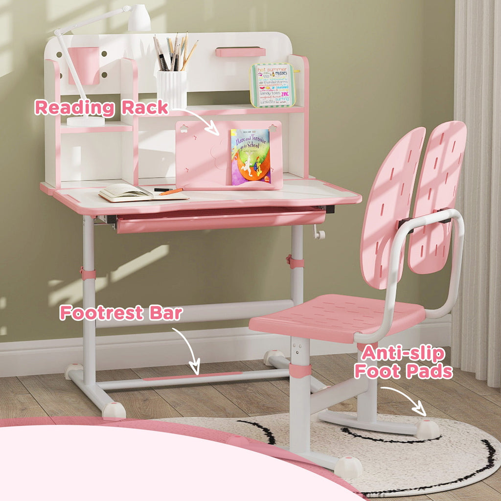 Pink kids desk with reading rack, footrest bar and chair anti-slip foot pads