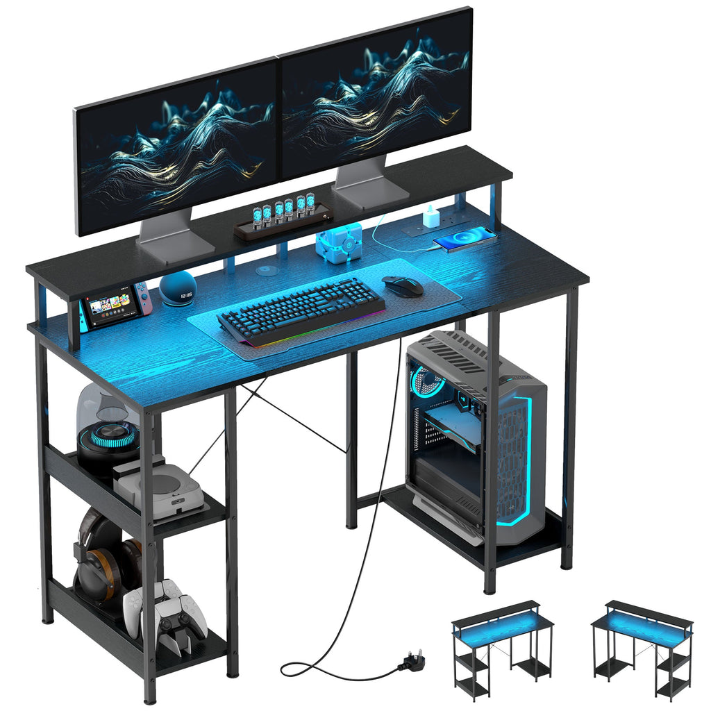 Black computer desk with dual monitor stand, LED-lit gaming top and 2-tier storage shelves