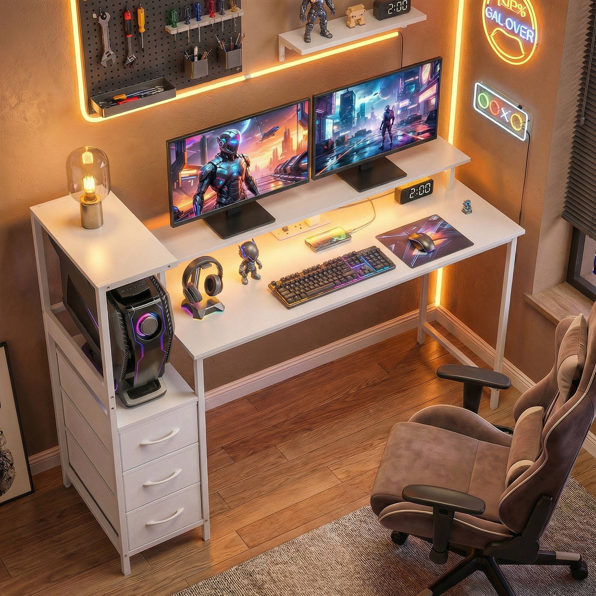 White gaming desk with dual monitor stand, keyboard shelf, and RGB LED lighting