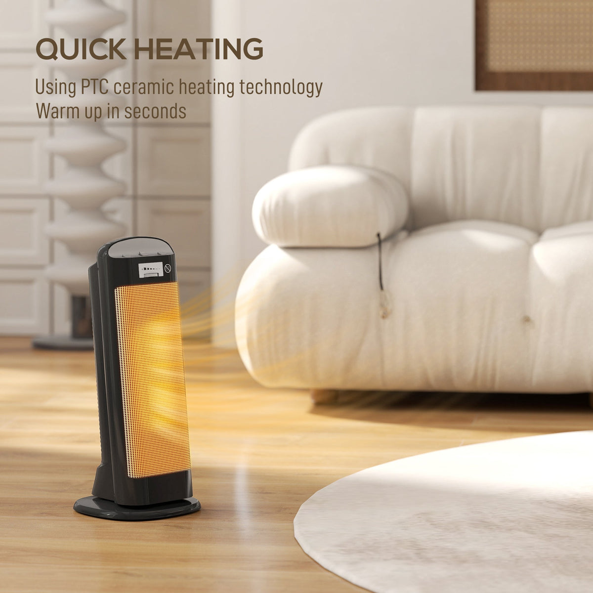 Black ceramic space heater angled view with glowing heating element and top control