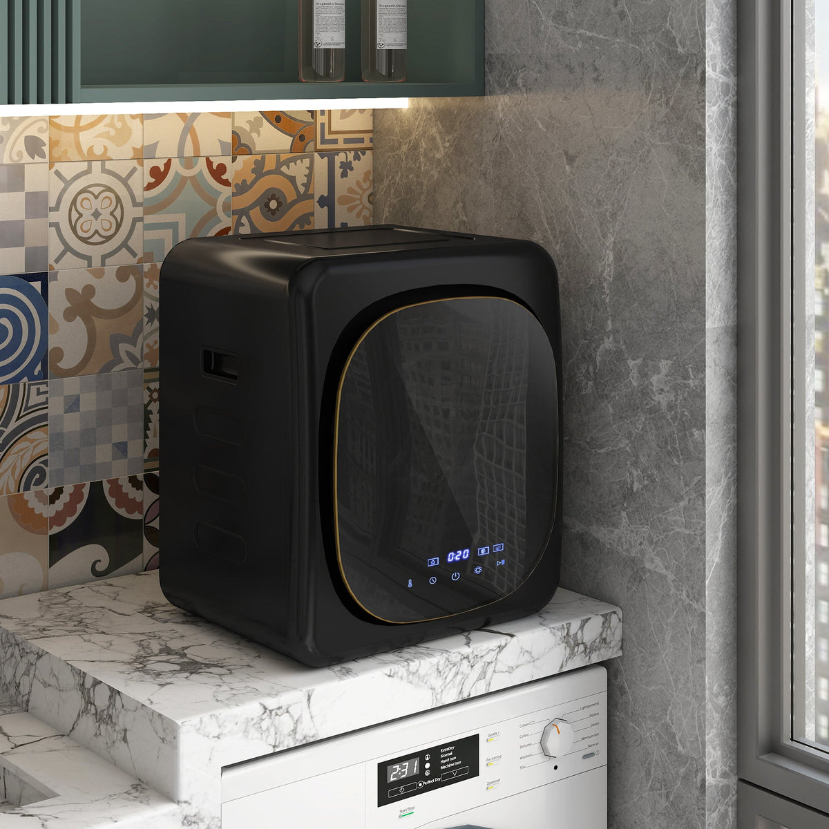 Black compact front-load vented tumble dryer with round viewing door and control panel