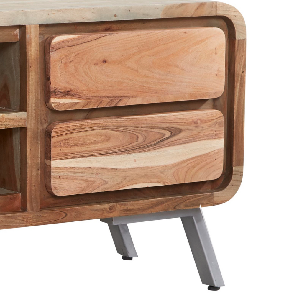 Wood TV cabinet with two rounded drawer fronts and angled metal legs