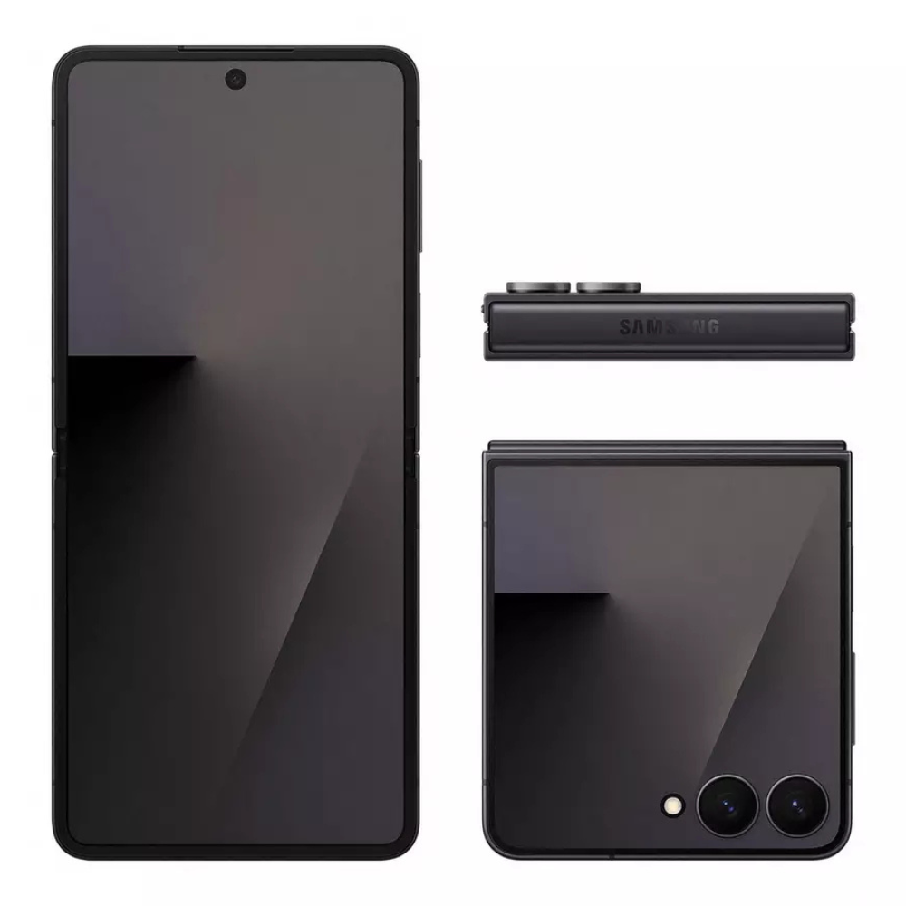 Jet Black foldable smartphone front and back views, hinge and dual cameras shown
