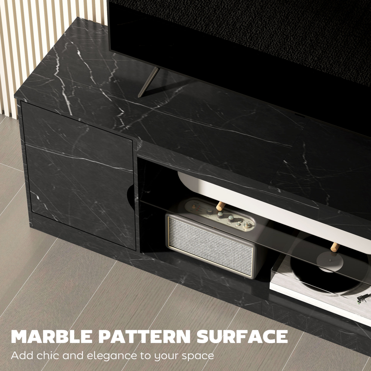 Black marble-effect TV stand with open media bay and glass shelf on top edge.