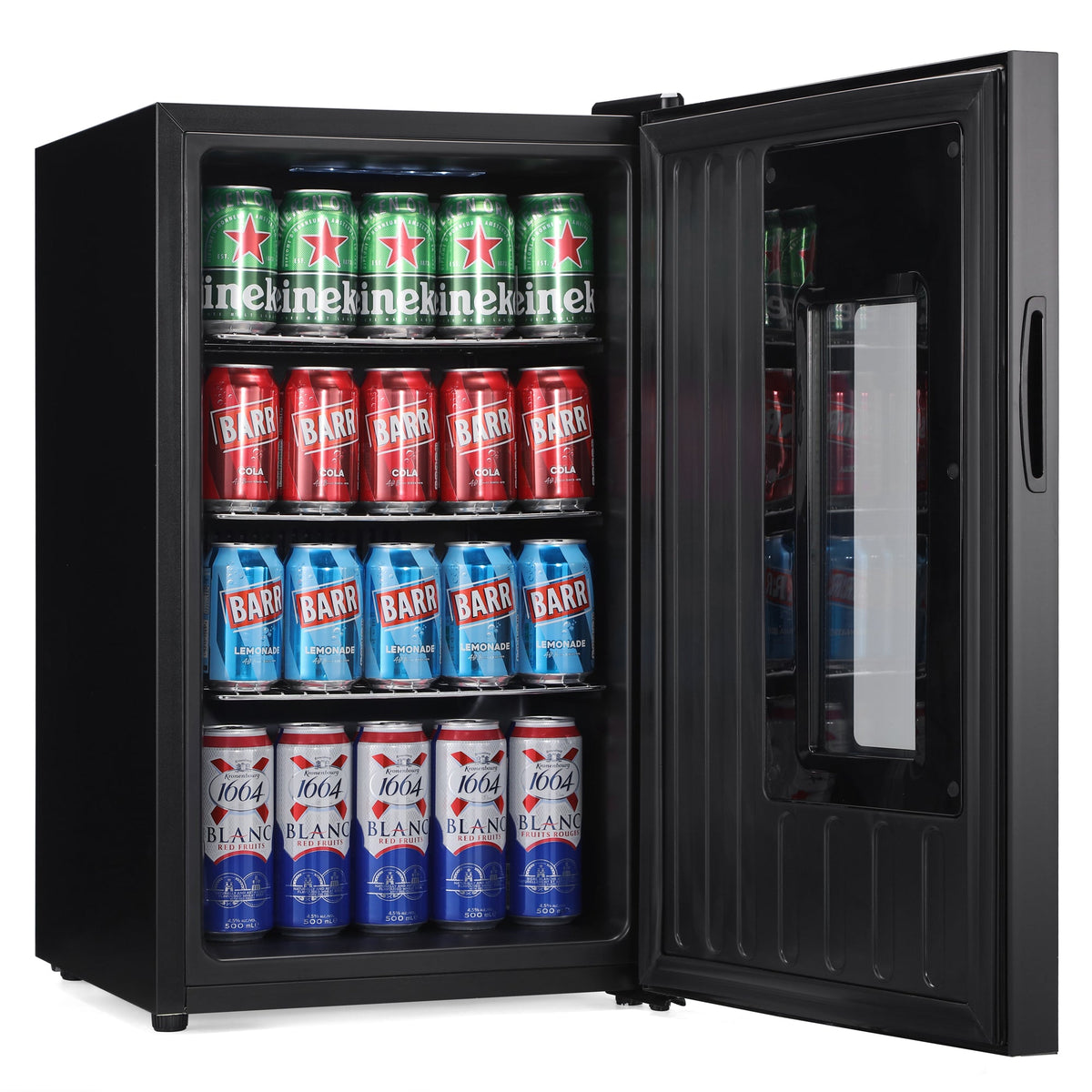 Open black Subcold beer fridge with interior shelves and rows of cans