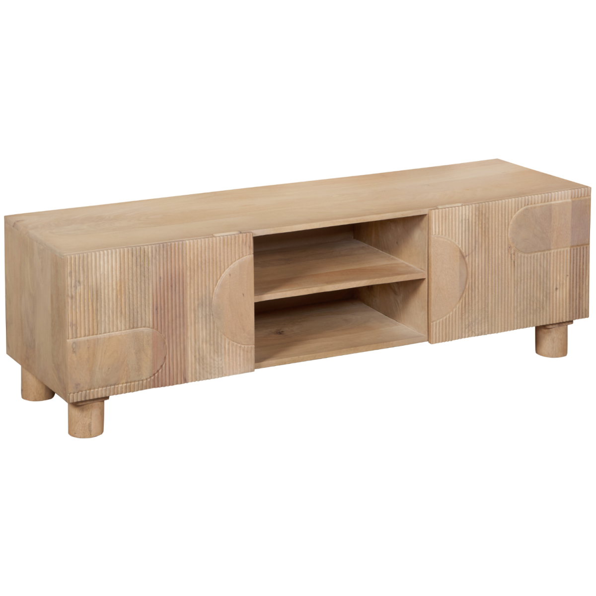 Light wood TV cabinet with central open shelf and two side doors, on tapered legs