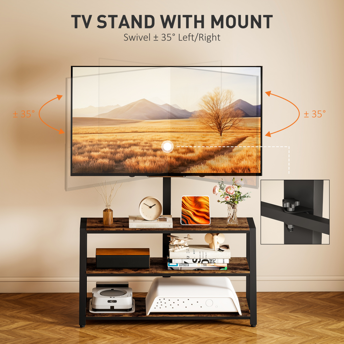 TV stand with swivel mount and open media shelves, shown with viewing range arrows