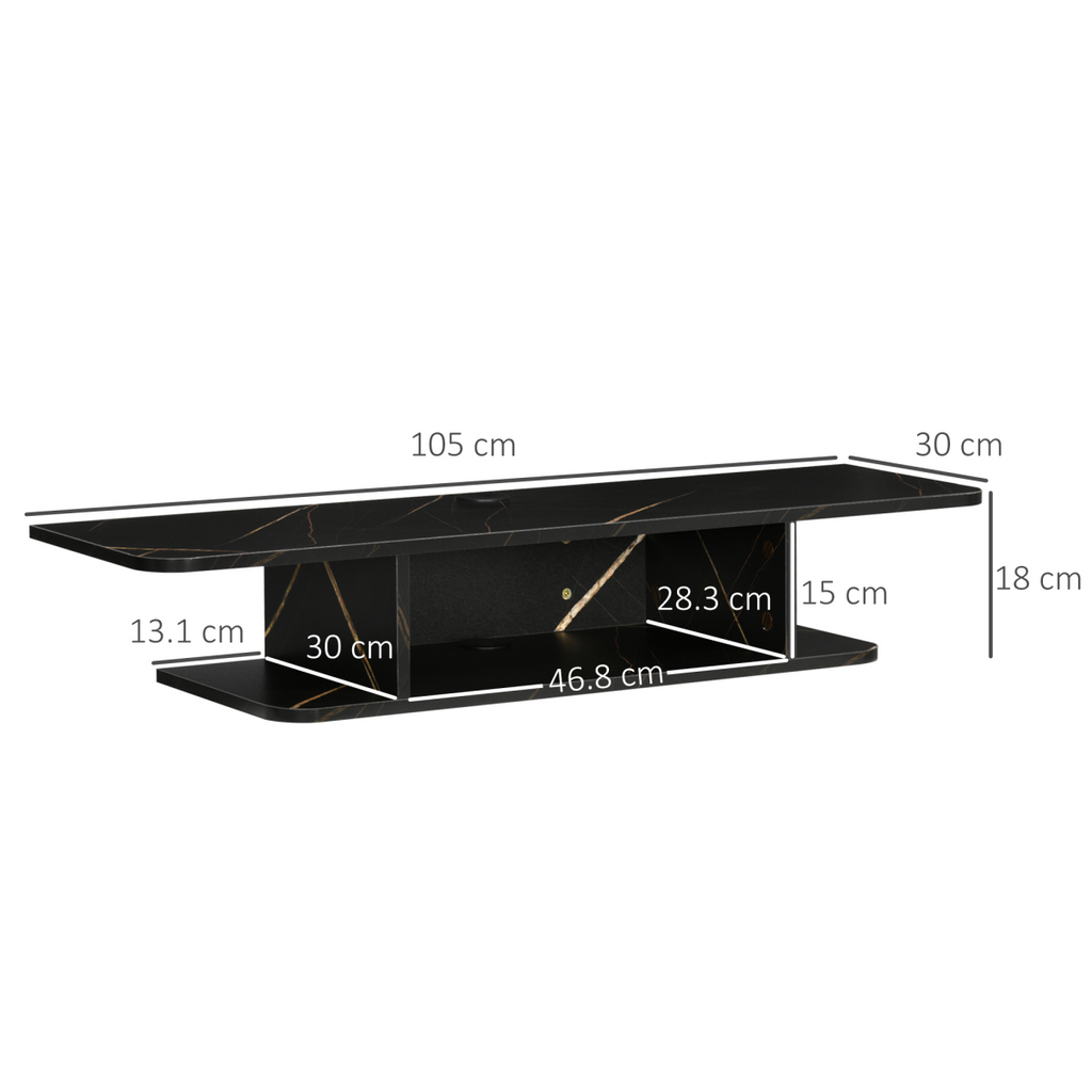 Black wall-mounted TV stand with angled open shelf and two-level storage design