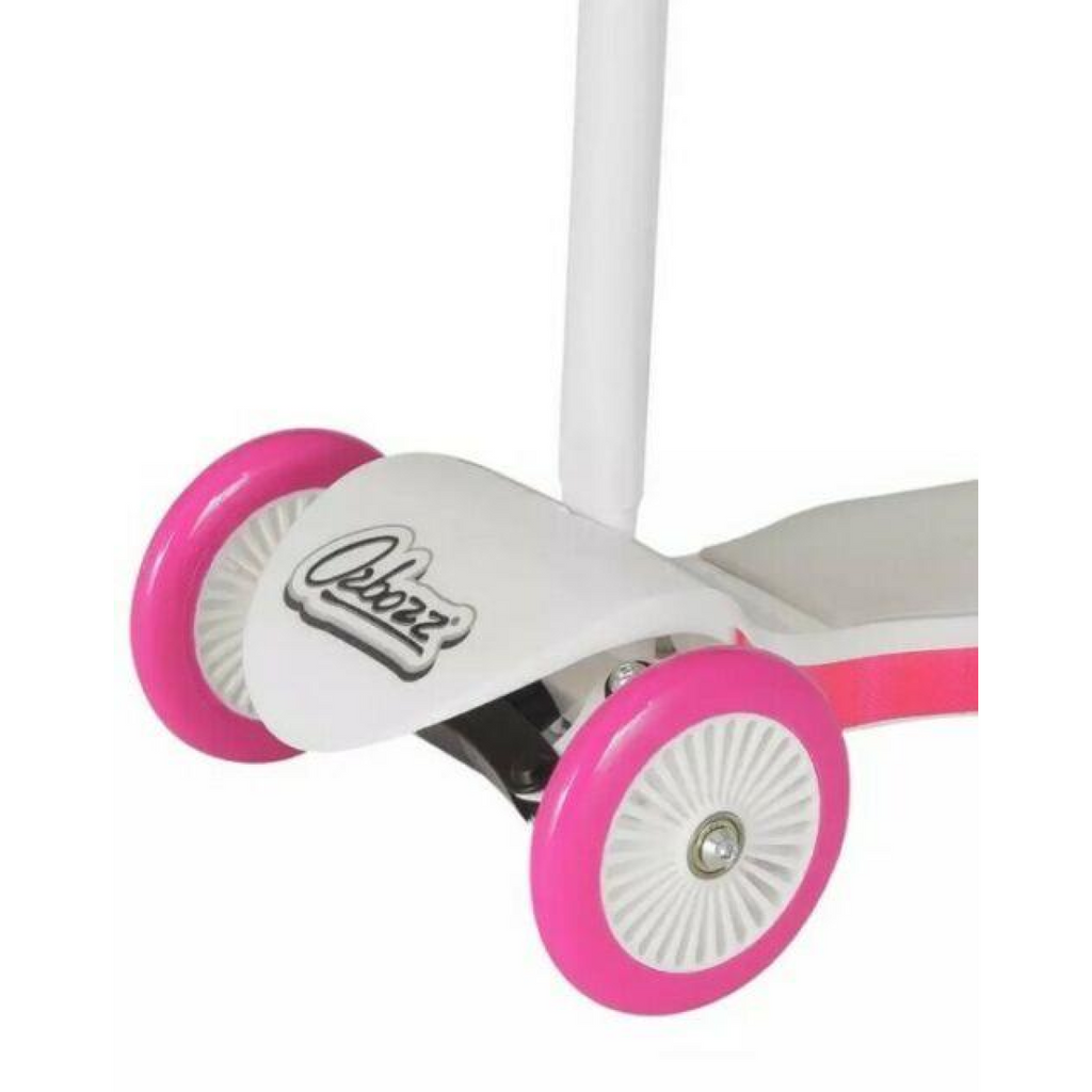 Front wheel of Ozbozz light-up scooter with pink rim and white spokes.