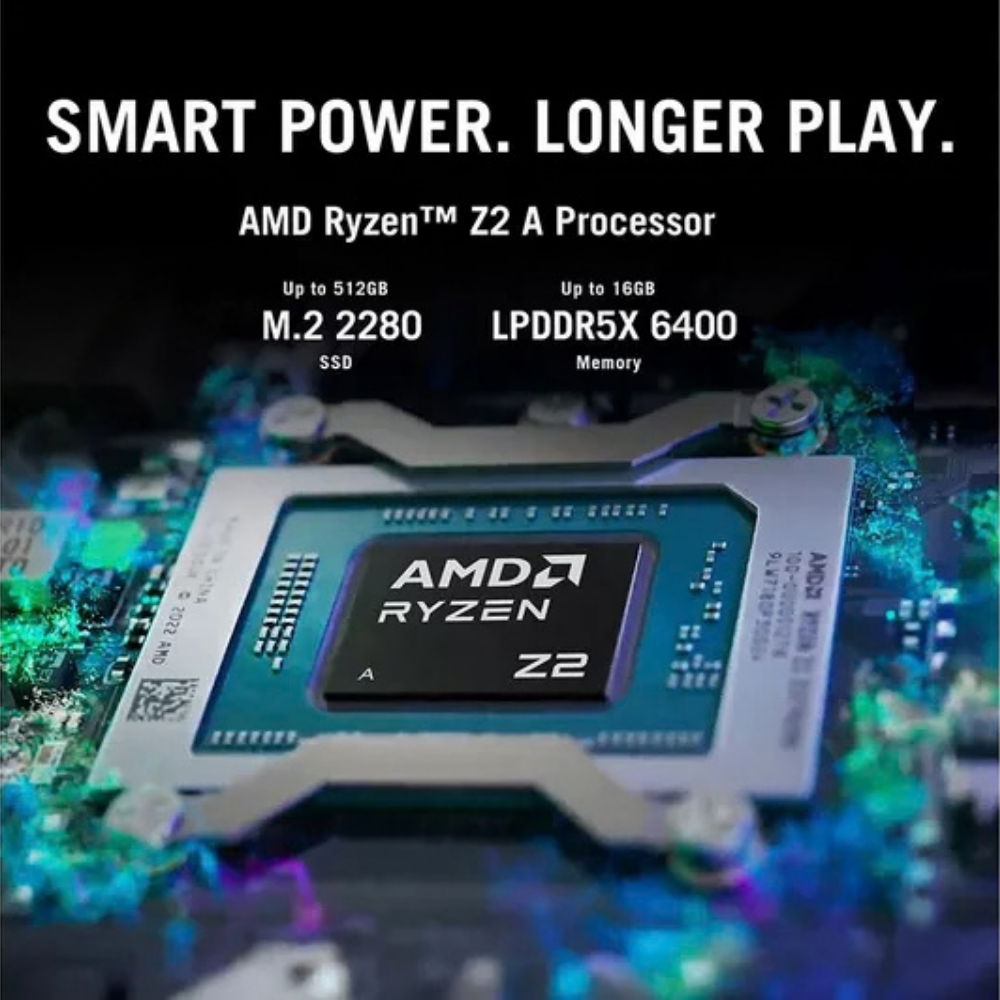 AMD Ryzen Z2 processor shown on handheld gaming console marketing graphic