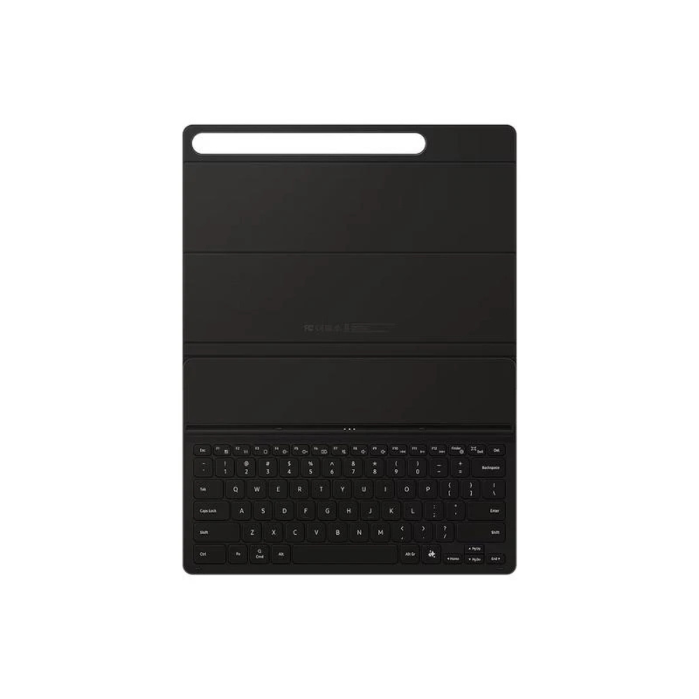 Black tablet keyboard folio case, top handle and integrated keys shown from front