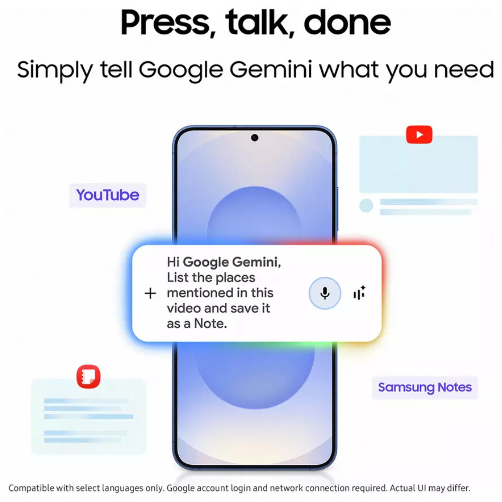 Samsung Galaxy S25 5G smartphone with Gemini voice assistant chat prompt on screen