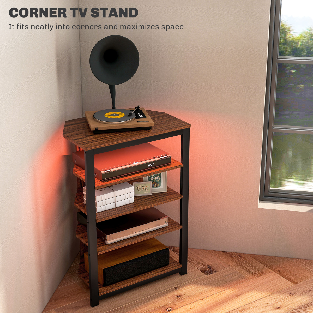 Corner TV stand with 4-tier open storage, wood shelves, black frame, LED backlight.