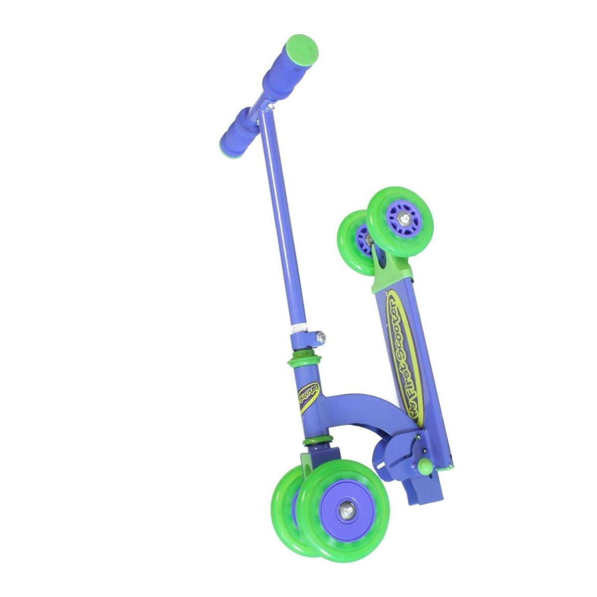 Close-up of blue handlebar stem and green front wheels on three-wheel scooter