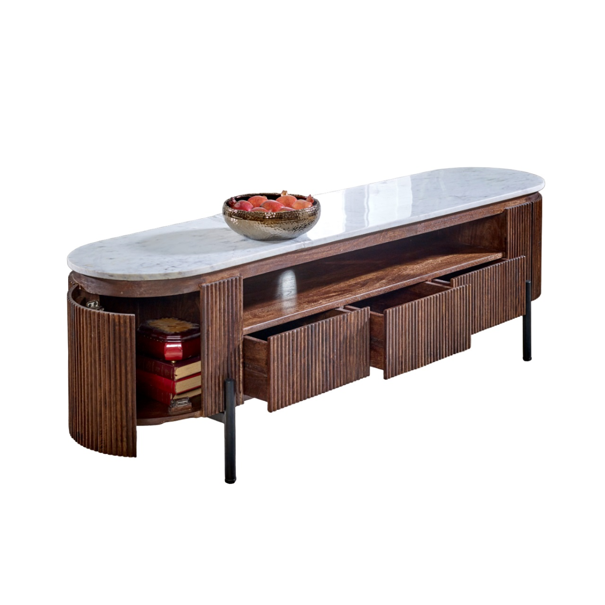 Low TV console with marble-look top, open storage cubbies, brown mango wood slats, black legs