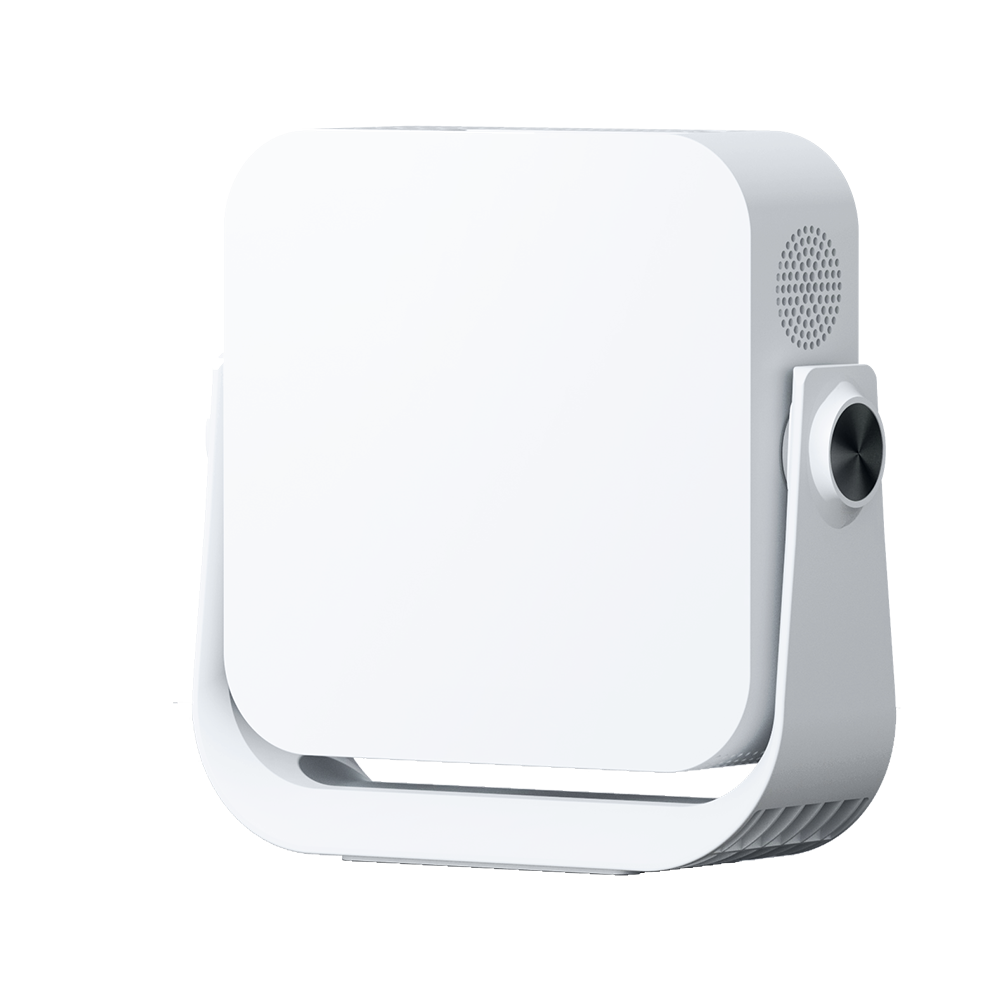White smart projector with blank front face, side speaker grille, and stand