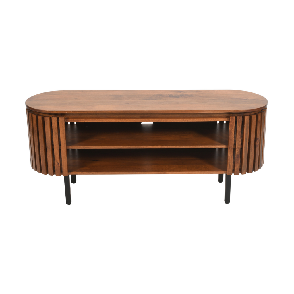 Slatted mango wood TV cabinet with open shelves, rounded top, and black legs