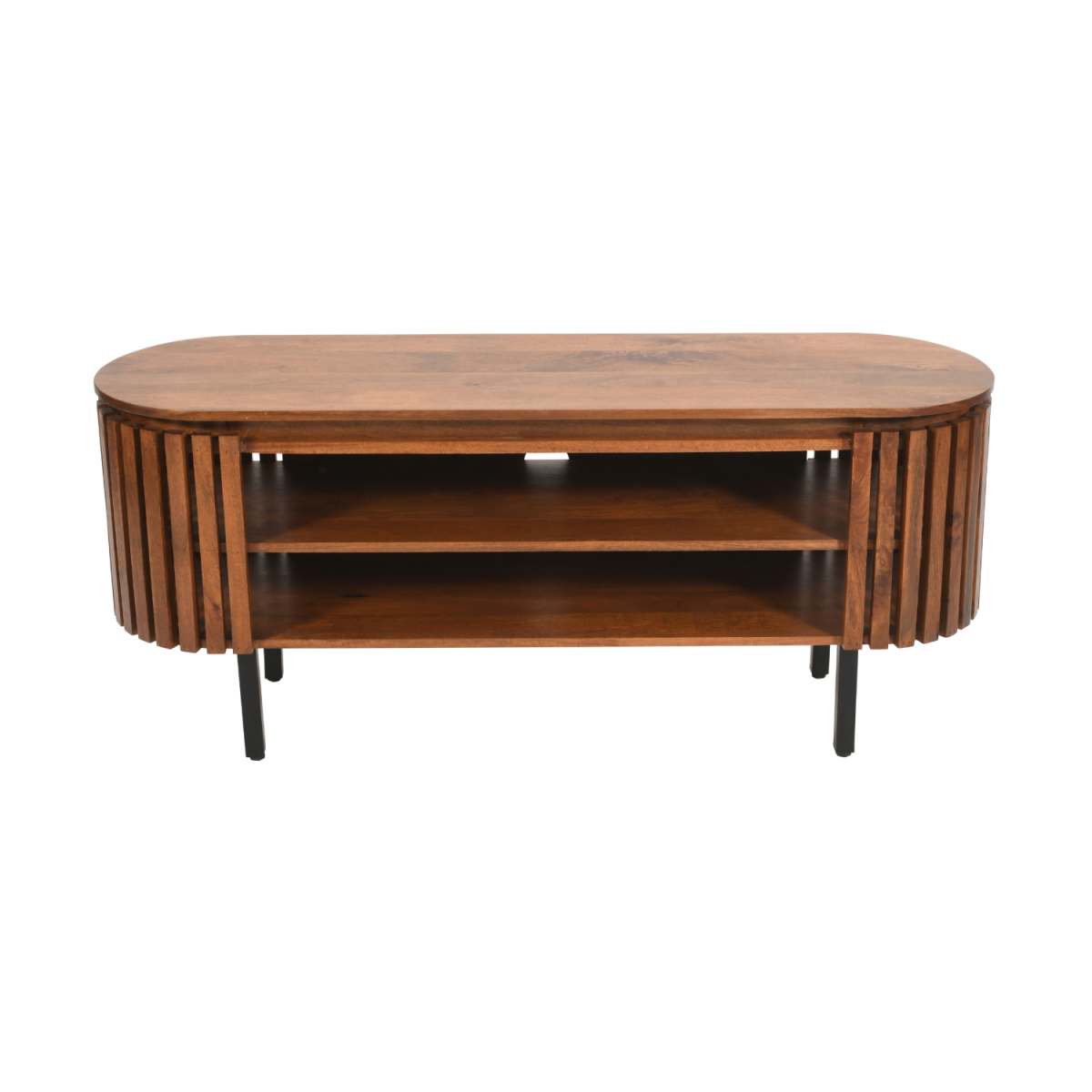 Slatted mango wood TV cabinet with open shelves, rounded top, and black legs