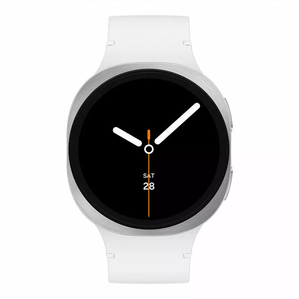 Silver round smart watch with black face and white silicone strap, front view