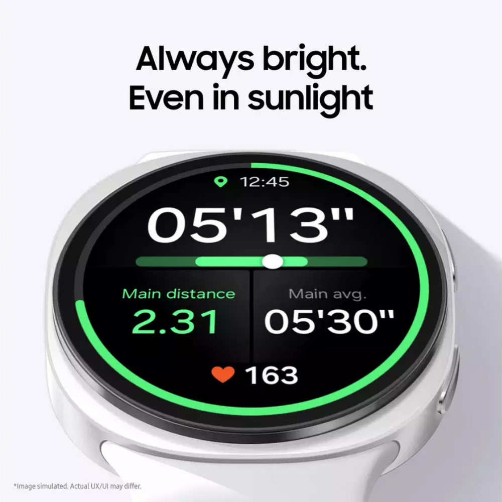 Graphite smartwatch with black screen showing green progress ring on round display.