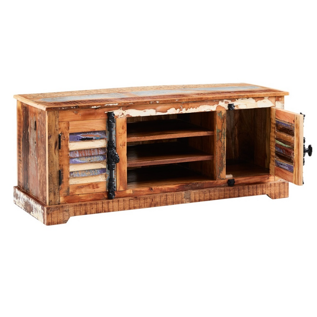 Distressed wood TV cabinet with one side door swung open to reveal stacked interior shelves