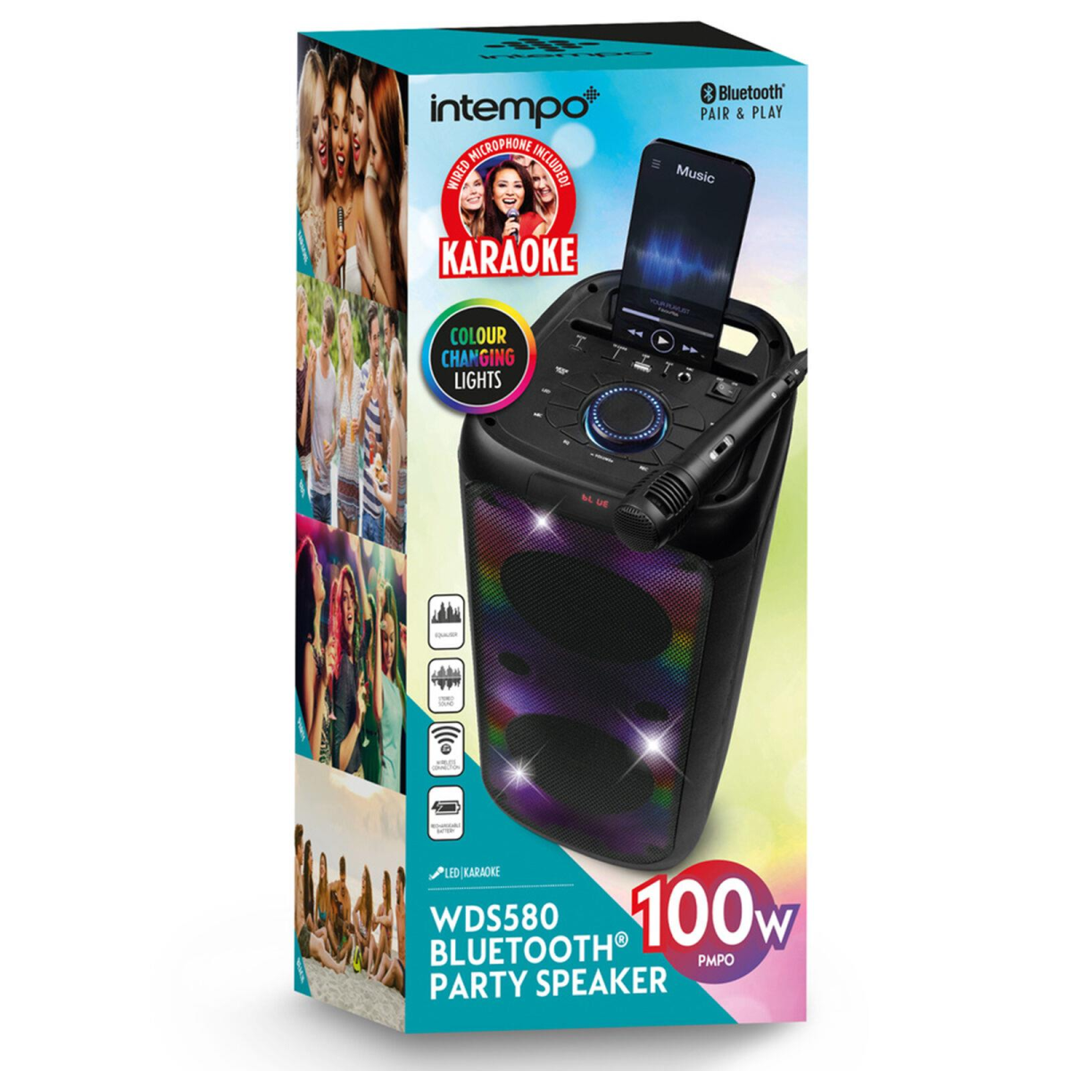 Retail box for karaoke Bluetooth party speaker with graphic lights and “WDS580” text
