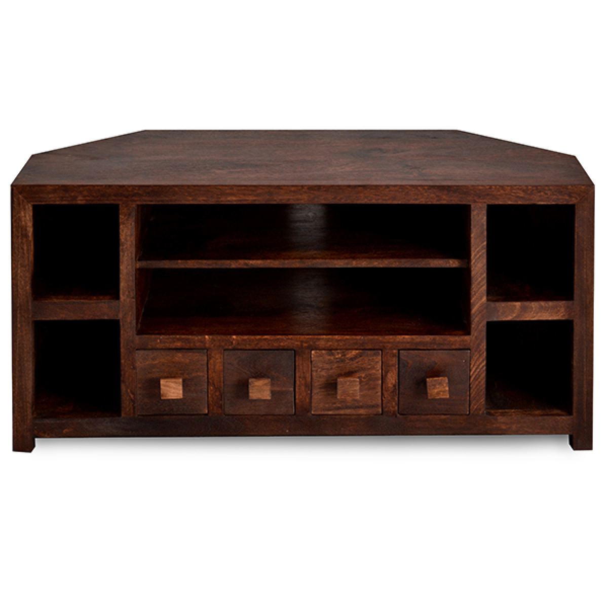 Dark wood corner TV stand with open shelf, two side cubbies, and four square drawer insets