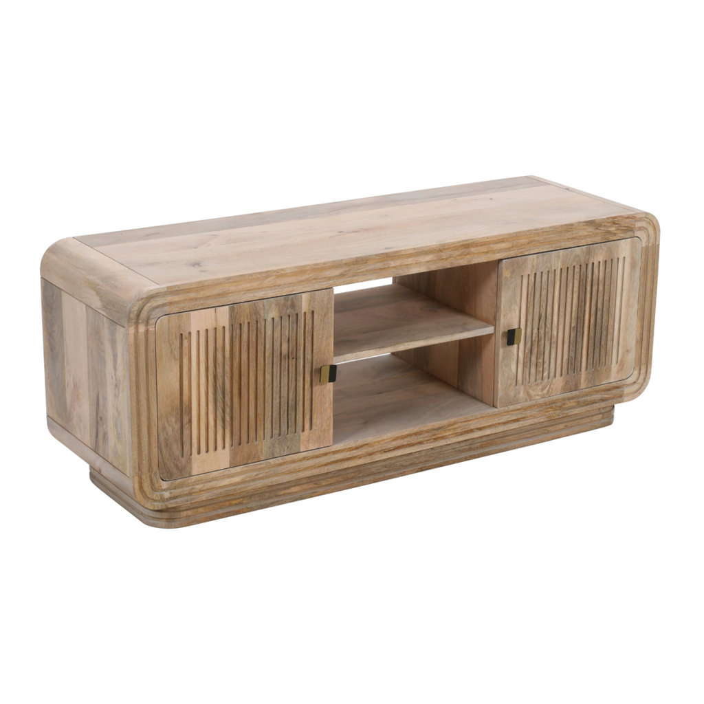 Mango wood TV console cabinet with two doors, open shelves inside, rounded corners.
