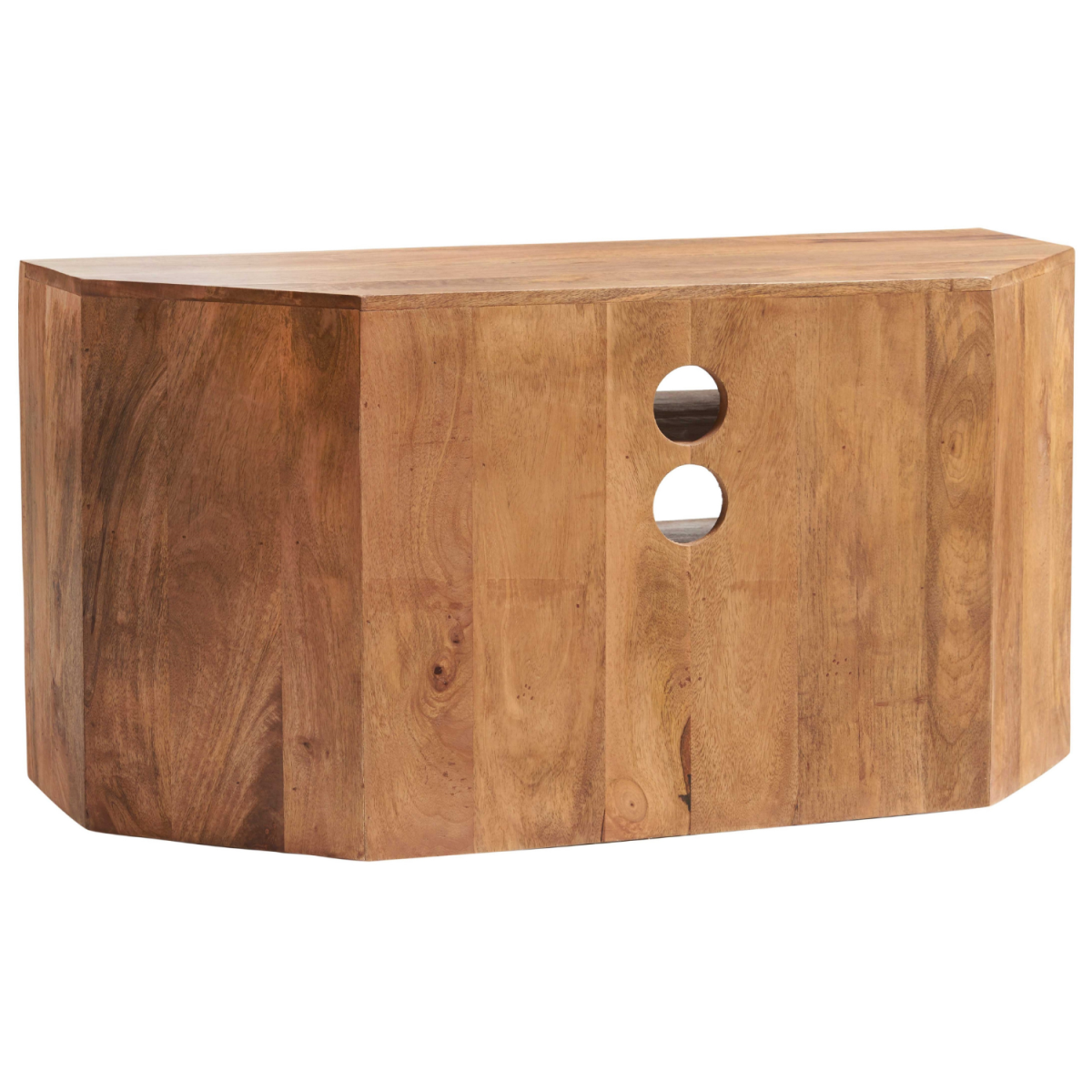 Light mango wood TV corner unit side panel with two round cable holes