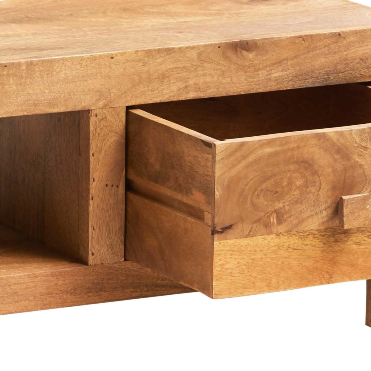 Close-up of mango wood TV cabinet drawer fronts and open shelf inside