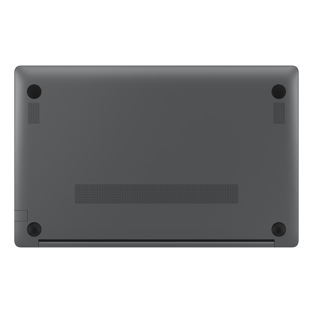 Gray Samsung laptop bottom cover with four rubber feet and vented speaker grille