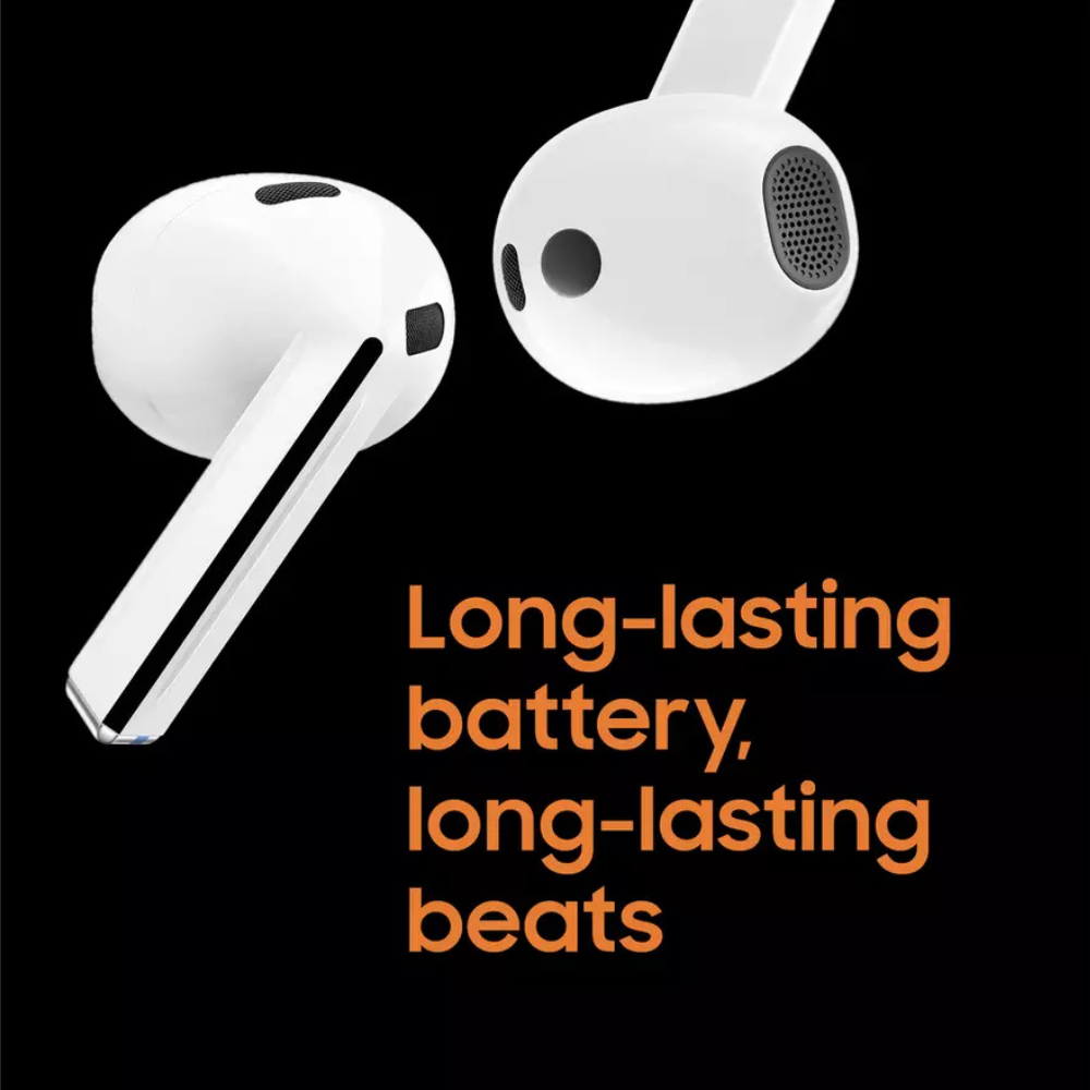Wireless earbuds with speaker grills and stems, angled close-up