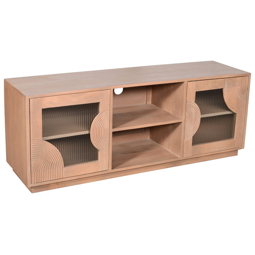 Solid wood TV cabinet with open middle shelf and side glass doors; ribbed arched accents