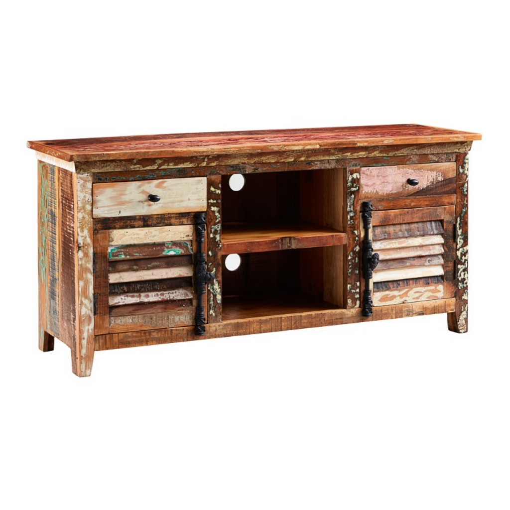 Distressed reclaimed-wood credenza with two drawers and center open compartment; right door