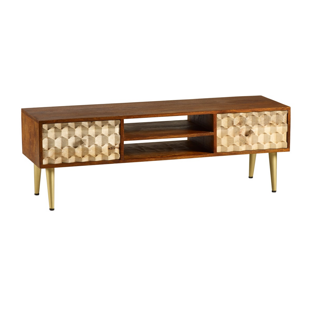 Wood TV media console with open center shelf, patterned drawers, and tapered gold legs