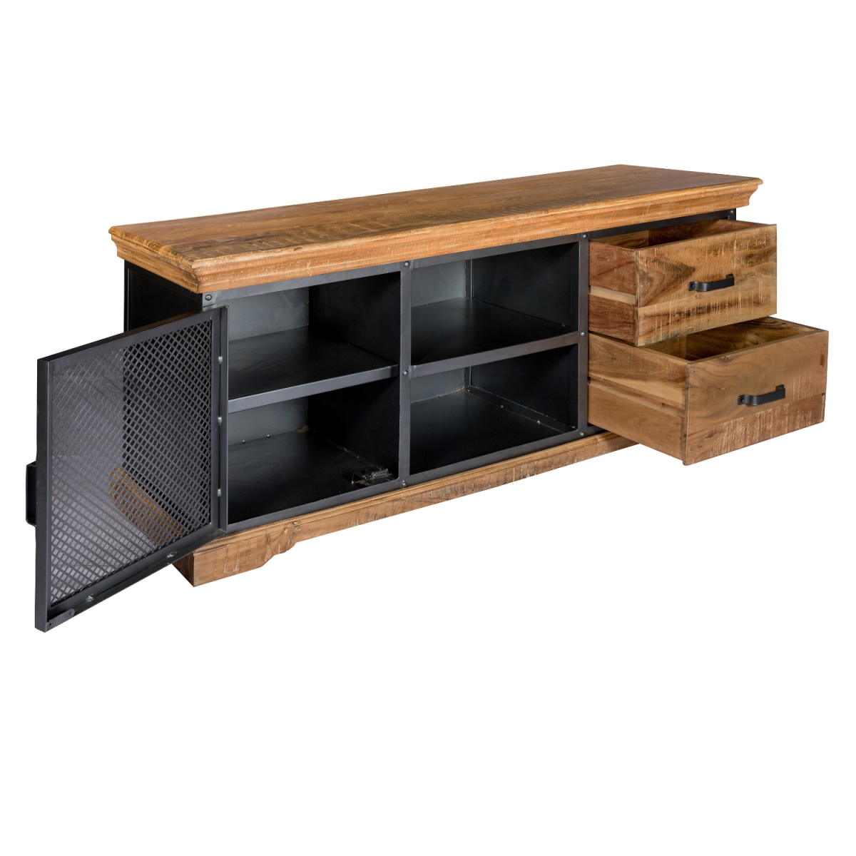 Wood TV media stand with open center cubbies, hinged mesh door, and two drawers.