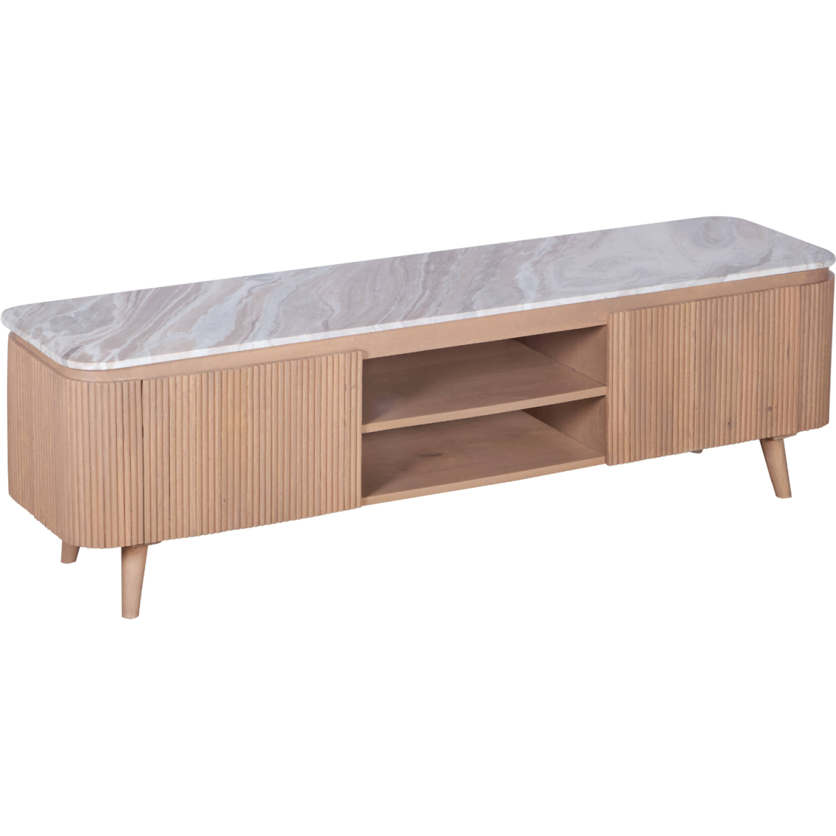Large TV cabinet with veined marble top, fluted wood sides, and open center shelf