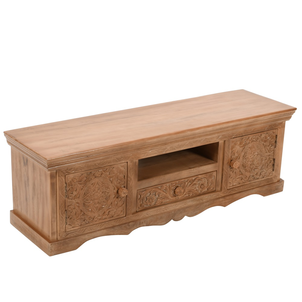 Mango wood TV cabinet with carved side panel doors and central open media compartment.