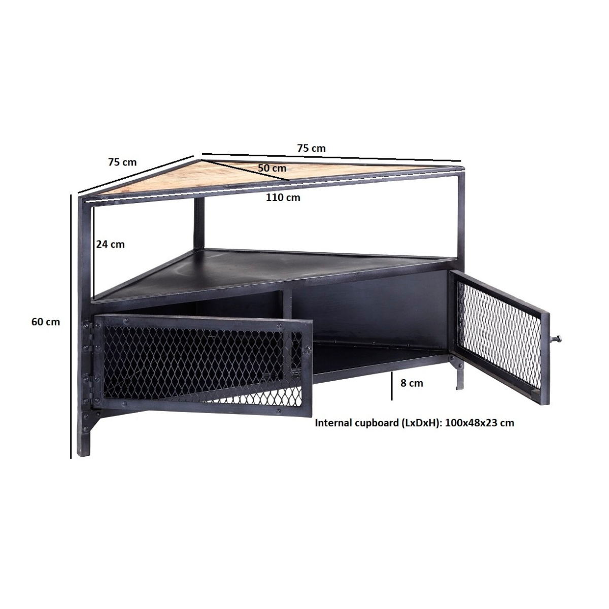 Diagram of black corner TV unit showing open shelves and mesh cupboard doors