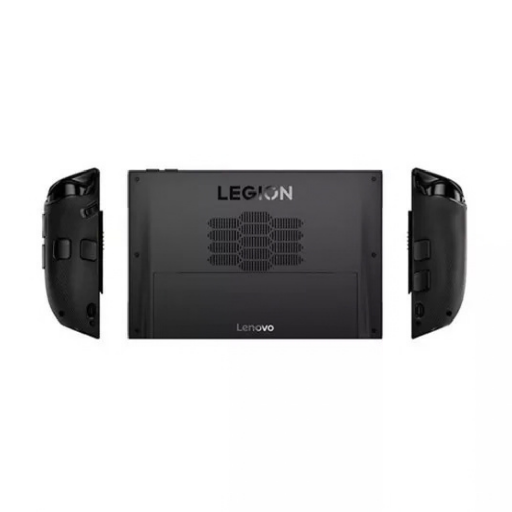 Black back panel handheld gaming console with ventilation grille and side grips